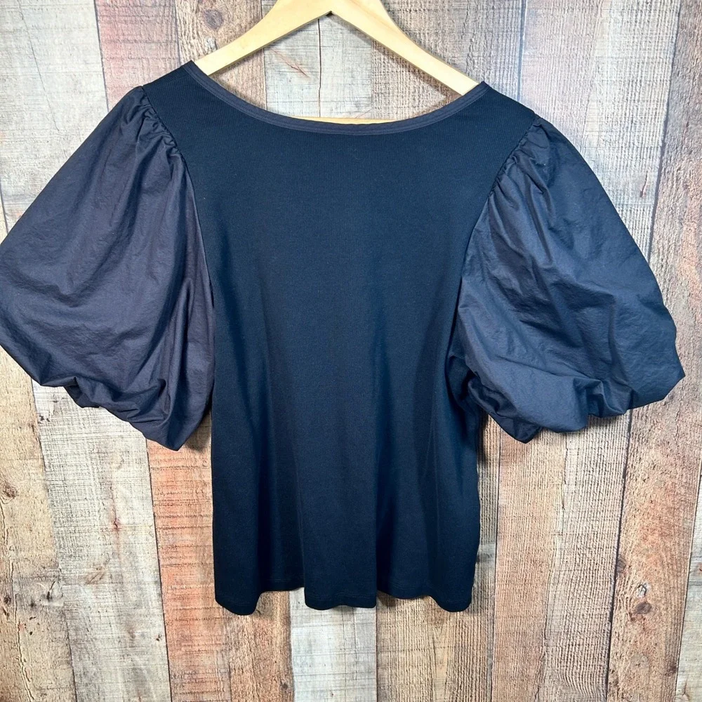 Old Navy Black Ribbed Cotton Puff Sleeve Henley Top Mixed Media Plus Size 3X